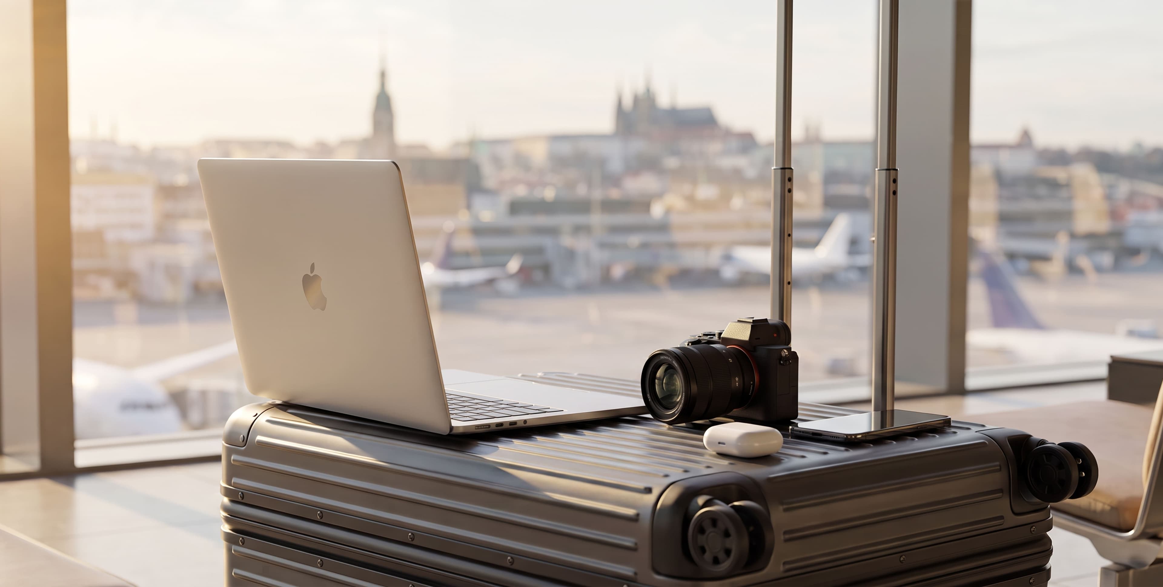 Laptop and camera used by a travel creator