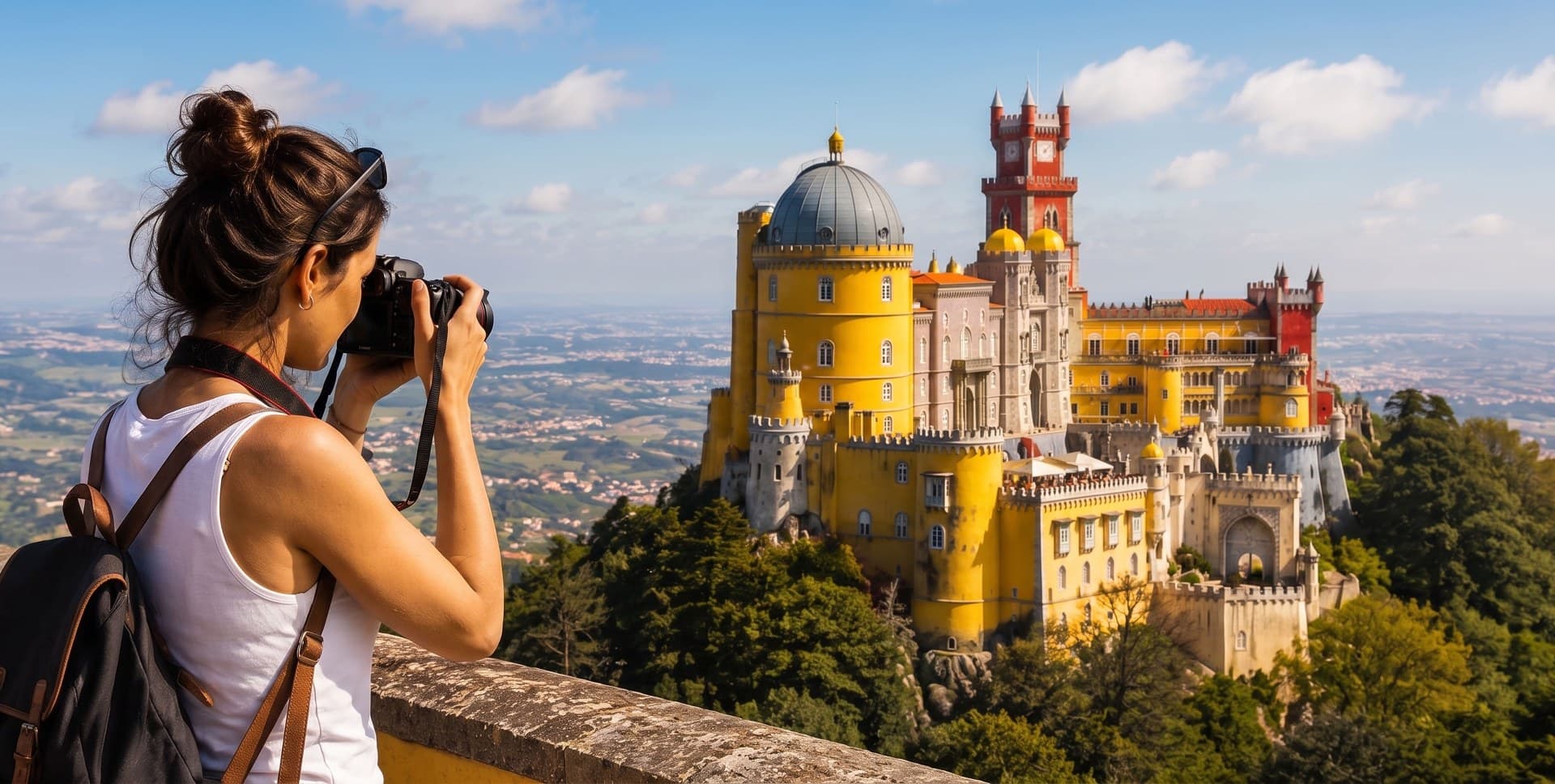 Traveller photographing Pena Palace in Sintra, Portugal