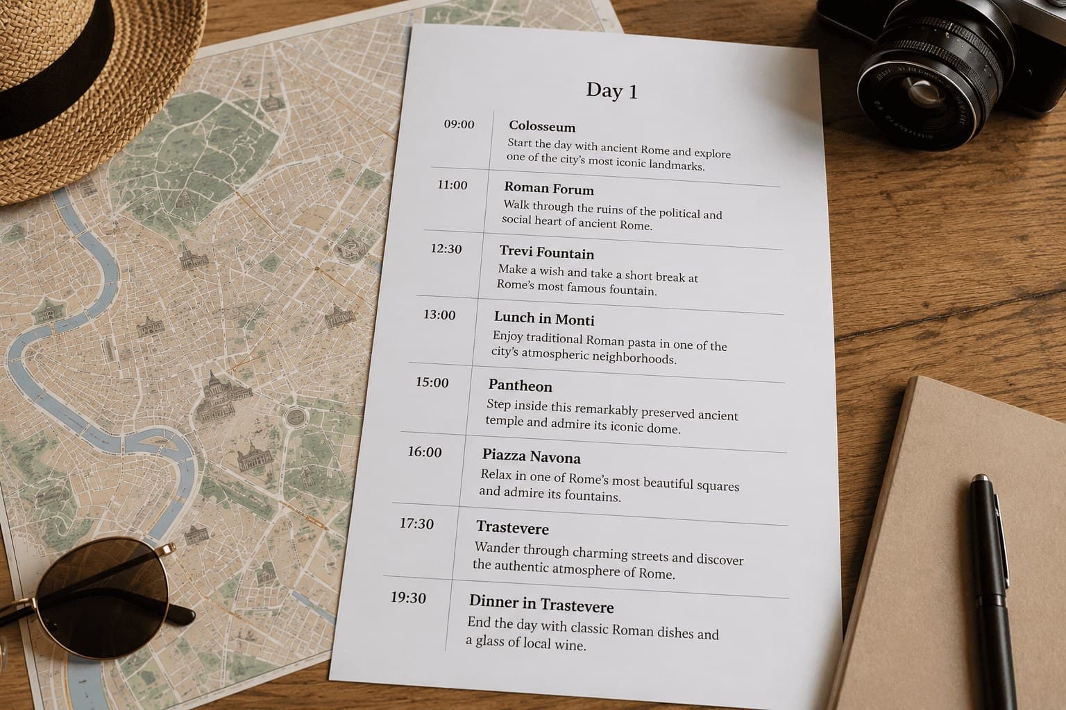 Example of a traditional PDF travel guide showing a fixed layout with an itinerary, maps, and travel recommendations.