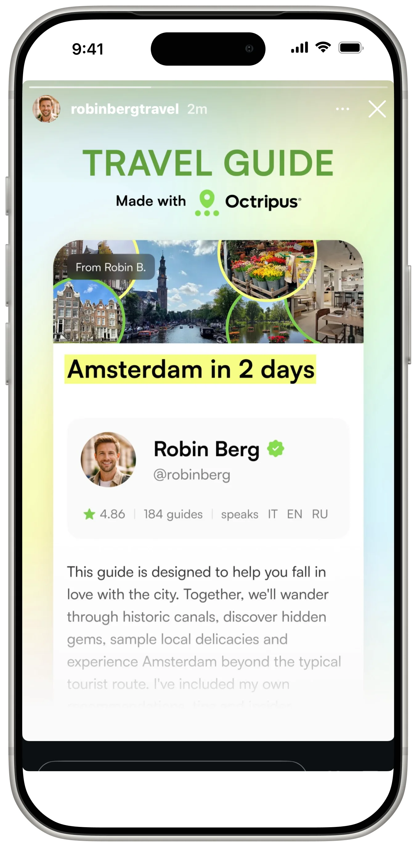 Octripus travel guide story preview on a phone